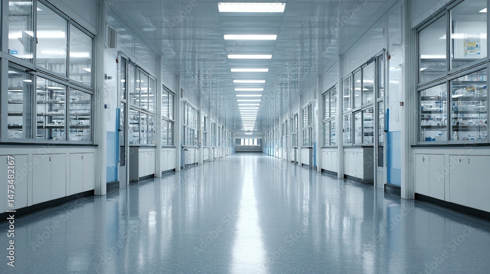 Naklejka premium Empty, sterile laboratory hallway with glass partitions.