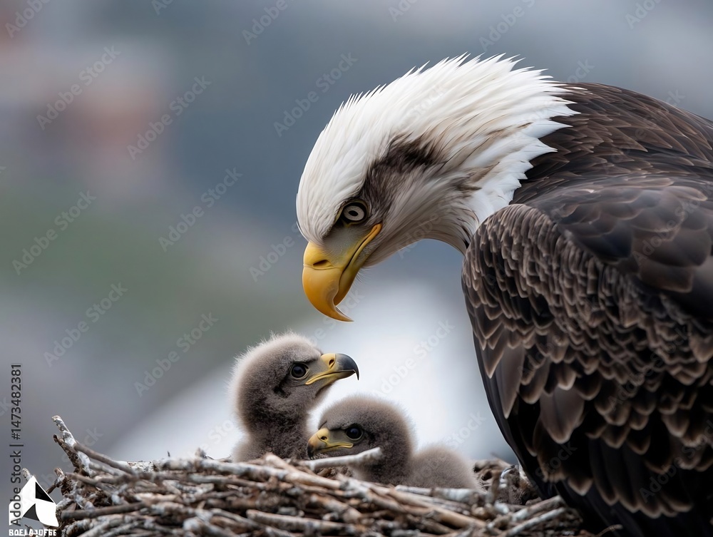 Fototapeta premium Bald eagle family portrait showcasing parental care and nesting behavior