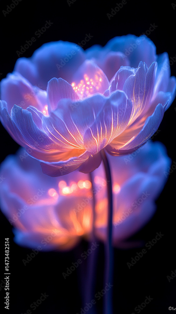 Glowing light baby blue peony flowers illuminated with ethereal spectrum light effects. Symbolizes beauty, purity, and serenity in a dreamy, artistic floral composition with soft glowing hues.