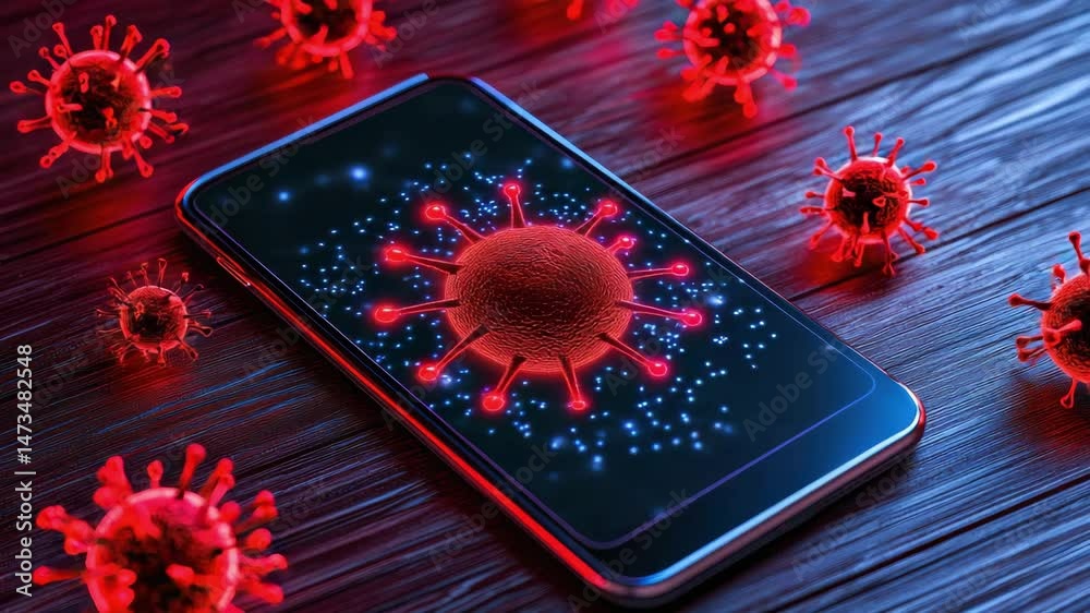 Smartphone displaying virus graphics on screen, surrounded by stylized virus particles, modern technology concept.