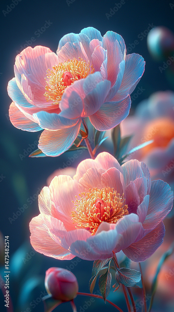 Glowing light baby blue peony flowers illuminated with ethereal spectrum light effects. Symbolizes beauty, purity, and serenity in a dreamy, artistic floral composition with soft glowing hues.