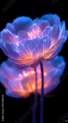 Obraz na płótnie Glowing light baby blue peony flowers illuminated with ethereal spectrum light effects. Symbolizes beauty, purity, and serenity in a dreamy, artistic floral composition with soft glowing hues.
w salonie