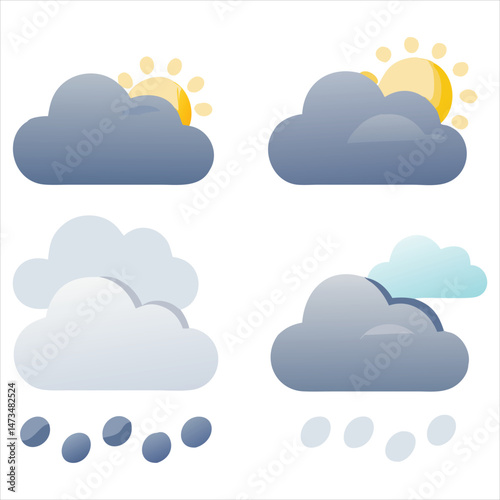 Flat Neumorphic Weather Icons for Cloudy and Overcast Conditions