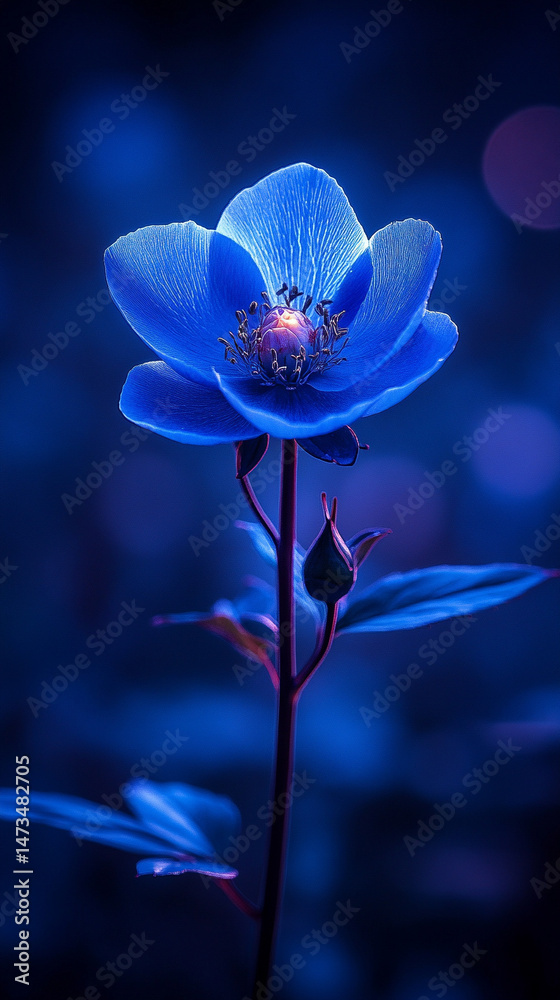 Glowing light baby blue peony flowers illuminated with ethereal spectrum light effects. Symbolizes beauty, purity, and serenity in a dreamy, artistic floral composition with soft glowing hues.