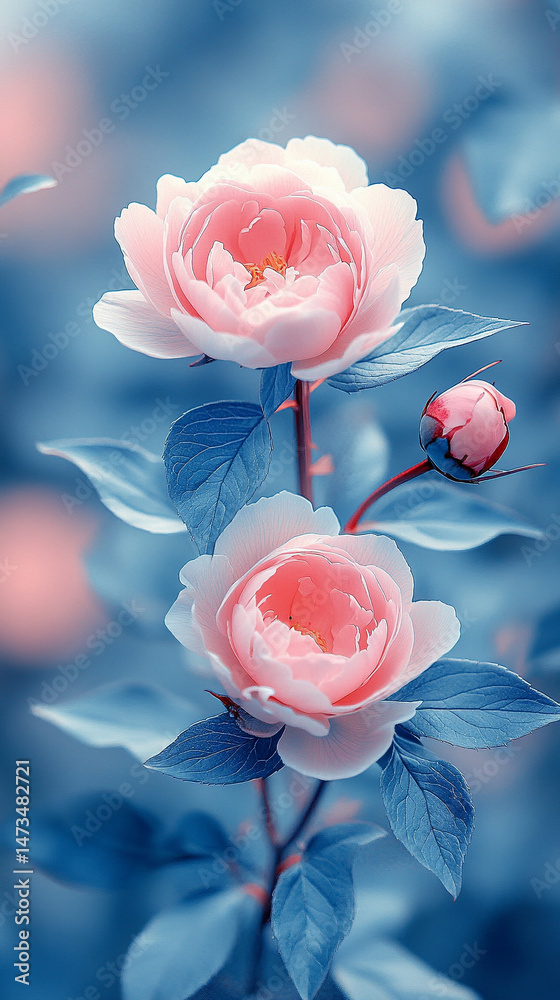 Glowing light baby blue peony flowers illuminated with ethereal spectrum light effects. Symbolizes beauty, purity, and serenity in a dreamy, artistic floral composition with soft glowing hues.
