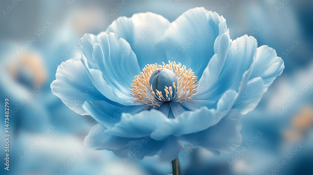 Glowing light baby blue peony flowers illuminated with ethereal spectrum light effects. Symbolizes beauty, purity, and serenity in a dreamy, artistic floral composition with soft glowing hues.