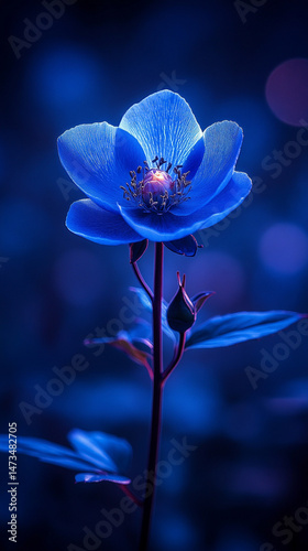 Obraz na płótnie Glowing light baby blue peony flowers illuminated with ethereal spectrum light effects. Symbolizes beauty, purity, and serenity in a dreamy, artistic floral composition with soft glowing hues.
w salonie