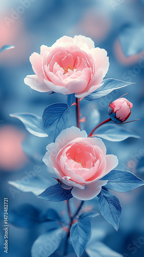 Obraz na płótnie Glowing light baby blue peony flowers illuminated with ethereal spectrum light effects. Symbolizes beauty, purity, and serenity in a dreamy, artistic floral composition with soft glowing hues.
w salonie