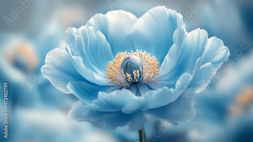 Obraz na płótnie Glowing light baby blue peony flowers illuminated with ethereal spectrum light effects. Symbolizes beauty, purity, and serenity in a dreamy, artistic floral composition with soft glowing hues.
w salonie