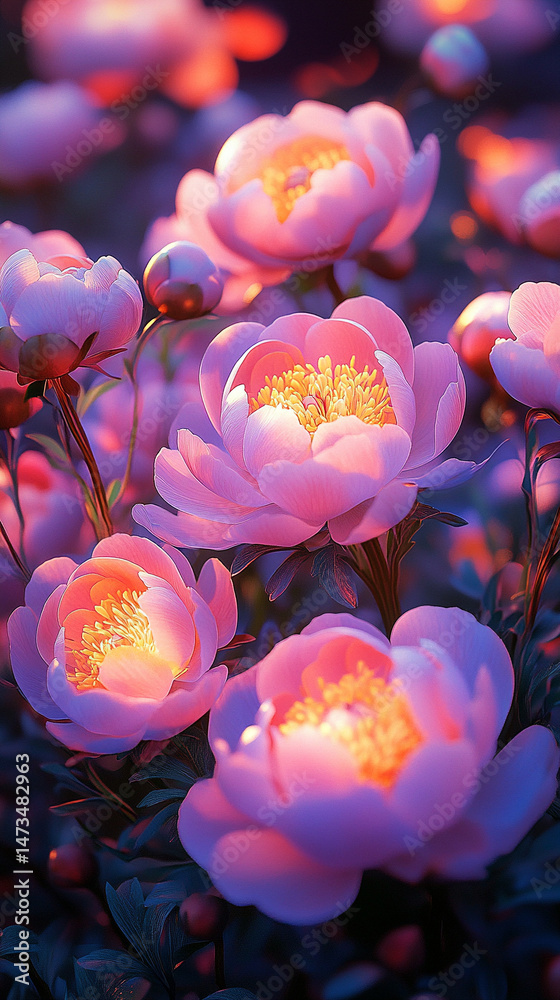 Glowing light baby blue peony flowers illuminated with ethereal spectrum light effects. Symbolizes beauty, purity, and serenity in a dreamy, artistic floral composition with soft glowing hues.