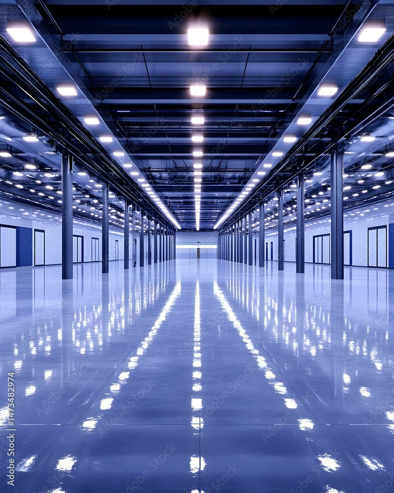 A large, empty industrial space with a polished concrete floor and bright overhead lights A large, empty industrial space with a polished concrete floor and bright overhead lights