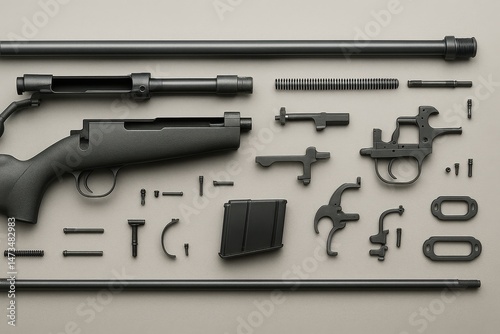Rifle disassembly, parts laid out for assembly, detailed weapon components