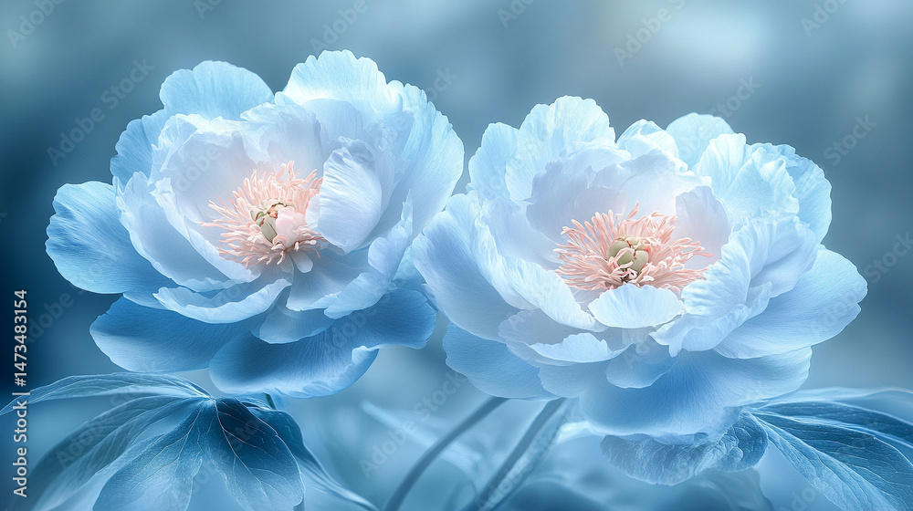Glowing light baby blue peony flowers illuminated with ethereal spectrum light effects. Symbolizes beauty, purity, and serenity in a dreamy, artistic floral composition with soft glowing hues.