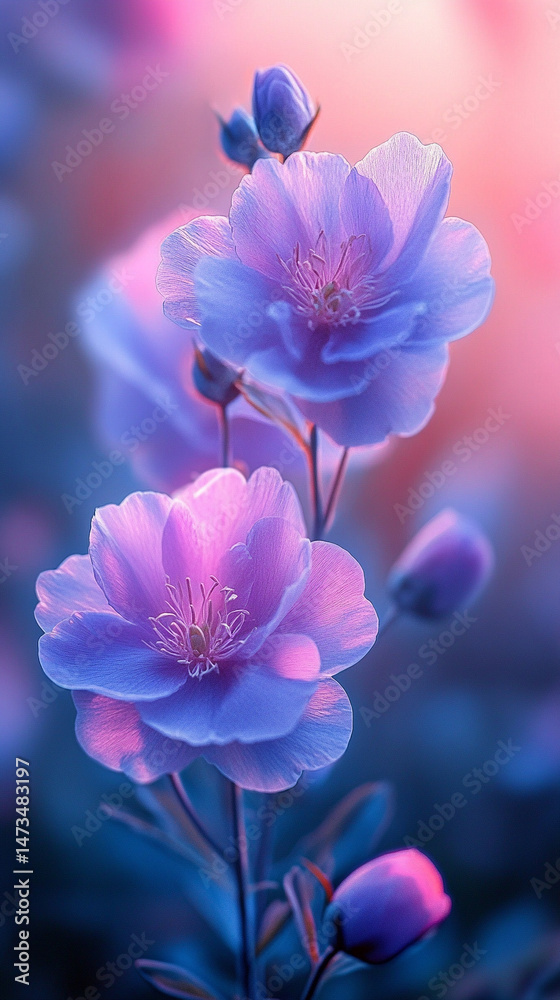 Glowing light baby blue peony flowers illuminated with ethereal spectrum light effects. Symbolizes beauty, purity, and serenity in a dreamy, artistic floral composition with soft glowing hues.