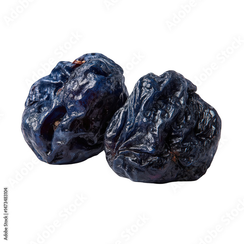 Closeup of two dark dried plums isolated on food blue life high fruit on transparent background