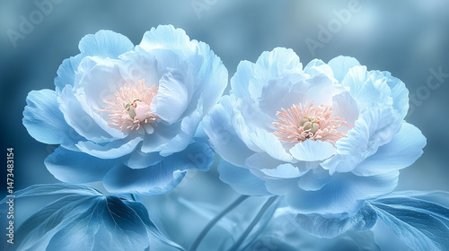 Obraz na płótnie Glowing light baby blue peony flowers illuminated with ethereal spectrum light effects. Symbolizes beauty, purity, and serenity in a dreamy, artistic floral composition with soft glowing hues.
w salonie