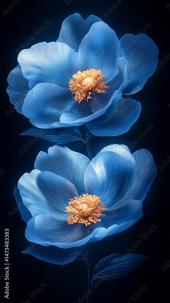 Glowing light baby blue peony flowers illuminated with ethereal spectrum light effects. Symbolizes beauty, purity, and serenity in a dreamy, artistic floral composition with soft glowing hues.