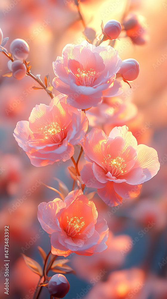 Glowing light baby blue peony flowers illuminated with ethereal spectrum light effects. Symbolizes beauty, purity, and serenity in a dreamy, artistic floral composition with soft glowing hues.
