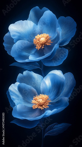 Obraz na płótnie Glowing light baby blue peony flowers illuminated with ethereal spectrum light effects. Symbolizes beauty, purity, and serenity in a dreamy, artistic floral composition with soft glowing hues.
w salonie