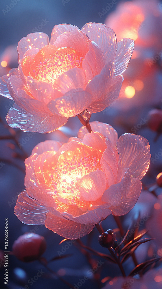 Glowing light baby blue peony flowers illuminated with ethereal spectrum light effects. Symbolizes beauty, purity, and serenity in a dreamy, artistic floral composition with soft glowing hues.