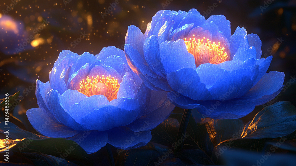 Glowing light baby blue peony flowers illuminated with ethereal spectrum light effects. Symbolizes beauty, purity, and serenity in a dreamy, artistic floral composition with soft glowing hues.