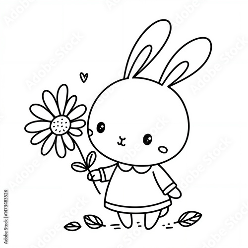Cute girl bunny holding a daisy flower in a childish drawing style 