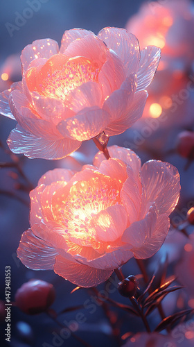 Obraz na płótnie Glowing light baby blue peony flowers illuminated with ethereal spectrum light effects. Symbolizes beauty, purity, and serenity in a dreamy, artistic floral composition with soft glowing hues.
w salonie