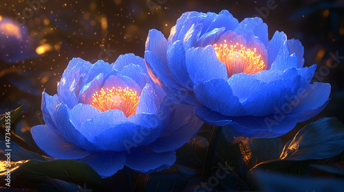 Obraz na płótnie Glowing light baby blue peony flowers illuminated with ethereal spectrum light effects. Symbolizes beauty, purity, and serenity in a dreamy, artistic floral composition with soft glowing hues.
w salonie