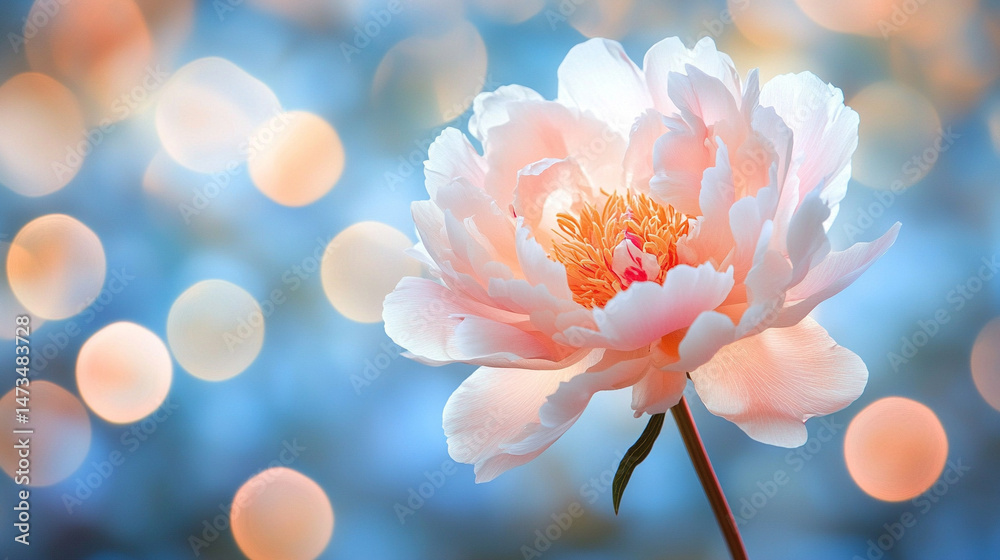 Glowing light baby blue peony flowers illuminated with ethereal spectrum light effects. Symbolizes beauty, purity, and serenity in a dreamy, artistic floral composition with soft glowing hues.