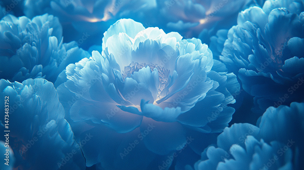 Glowing light baby blue peony flowers illuminated with ethereal spectrum light effects. Symbolizes beauty, purity, and serenity in a dreamy, artistic floral composition with soft glowing hues.