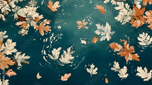 Autumn Leaves Floating on Teal Water Artistic Illustration