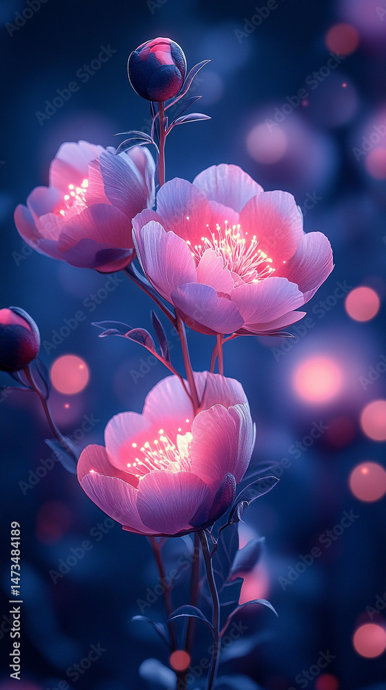 Glowing light baby blue peony flowers illuminated with ethereal spectrum light effects. Symbolizes beauty, purity, and serenity in a dreamy, artistic floral composition with soft glowing hues.