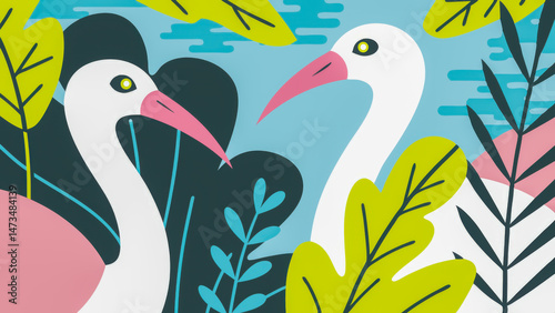 Two elegant cranes surrounded by vibrant foliage in a colorful tropical setting at midday