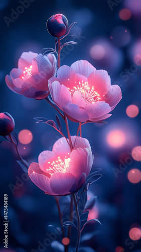 Obraz na płótnie Glowing light baby blue peony flowers illuminated with ethereal spectrum light effects. Symbolizes beauty, purity, and serenity in a dreamy, artistic floral composition with soft glowing hues.
w salonie