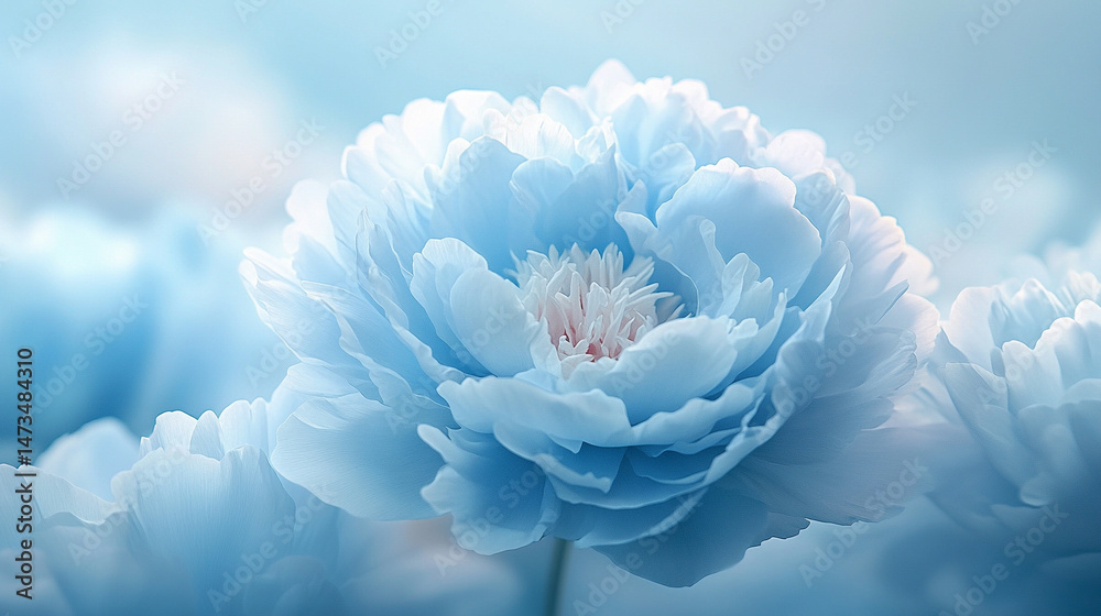 Glowing light baby blue peony flowers illuminated with ethereal spectrum light effects. Symbolizes beauty, purity, and serenity in a dreamy, artistic floral composition with soft glowing hues.