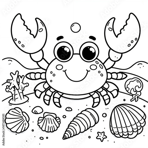 Cute cartoon crab with shells and sea creatures 