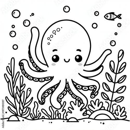 Cute octopus smiling in underwater scene surrounded by seaweed - Concept of children's coloring  