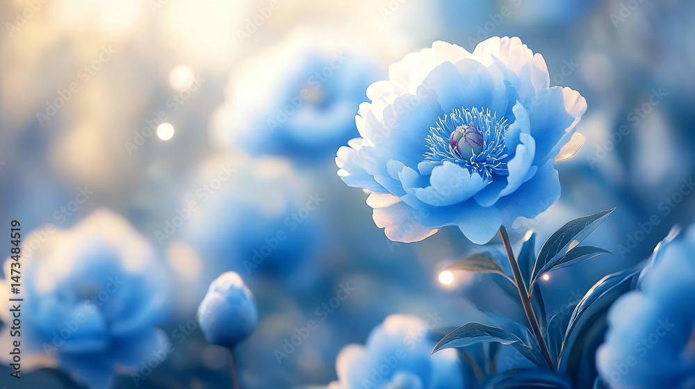Glowing light baby blue peony flowers illuminated with ethereal spectrum light effects. Symbolizes beauty, purity, and serenity in a dreamy, artistic floral composition with soft glowing hues.