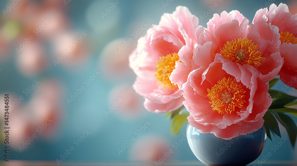 Glowing light baby blue peony flowers illuminated with ethereal spectrum light effects. Symbolizes beauty, purity, and serenity in a dreamy, artistic floral composition with soft glowing hues.