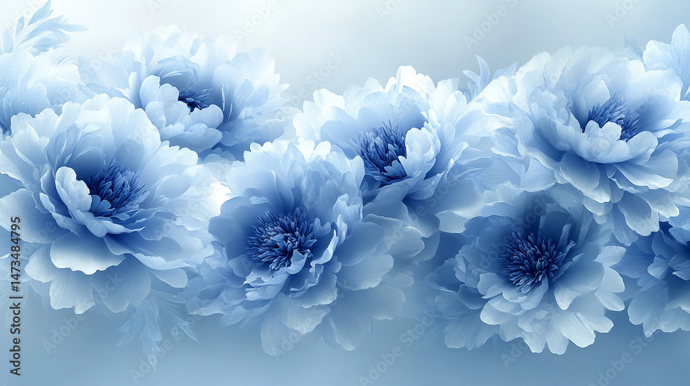 Glowing light baby blue peony flowers illuminated with ethereal spectrum light effects. Symbolizes beauty, purity, and serenity in a dreamy, artistic floral composition with soft glowing hues.