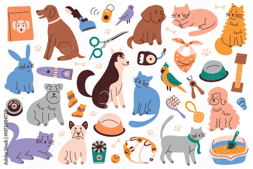 Flat cartoon collection of pets and items for pet home care. Dogs, cats and parrots with grooming tools and supplies. Daily hygiene, feeding, walking and playing accessories vector illustrations set