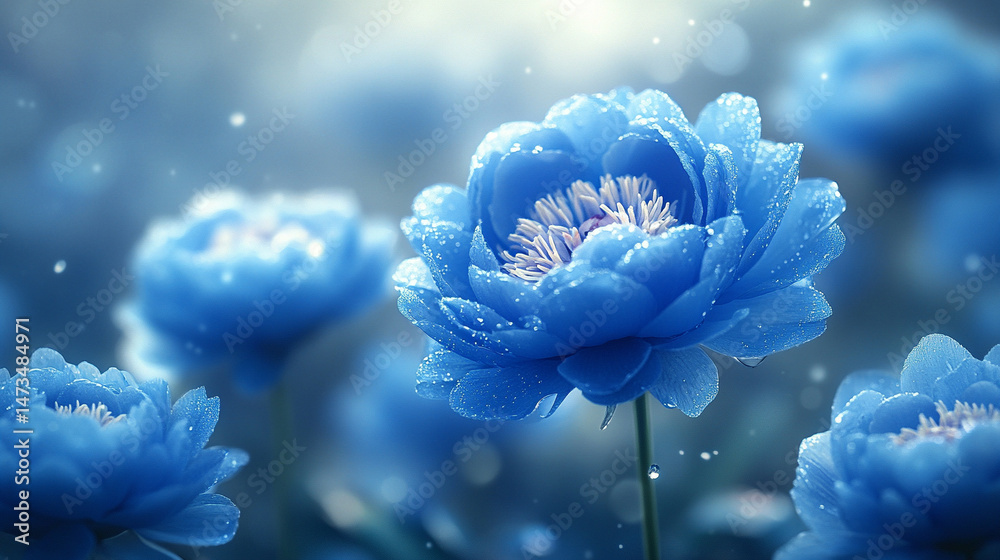 Glowing light baby blue peony flowers illuminated with ethereal spectrum light effects. Symbolizes beauty, purity, and serenity in a dreamy, artistic floral composition with soft glowing hues.