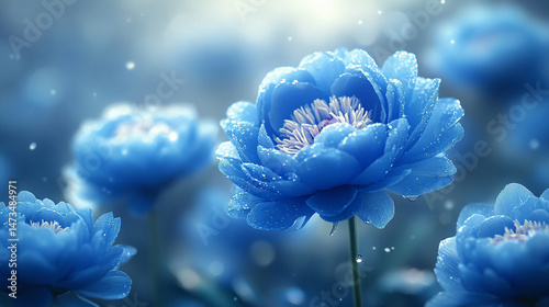 Obraz na płótnie Glowing light baby blue peony flowers illuminated with ethereal spectrum light effects. Symbolizes beauty, purity, and serenity in a dreamy, artistic floral composition with soft glowing hues.
w salonie