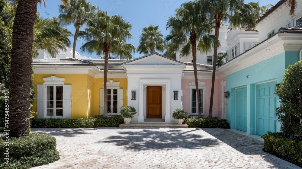 Fototapeta premium Large pastel-colored house features a circular driveway surrounded by palm trees, creating a serene tropical setting. Ideal for relaxation and leisurely living