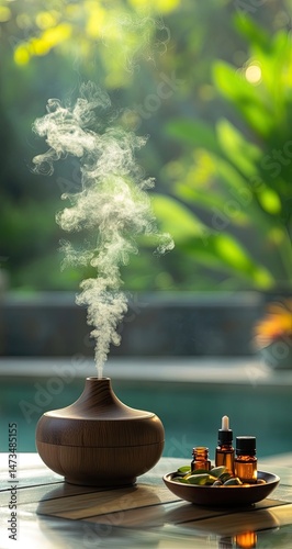 Aromatic diffuser releases calming scent, surrounded by natural beauty