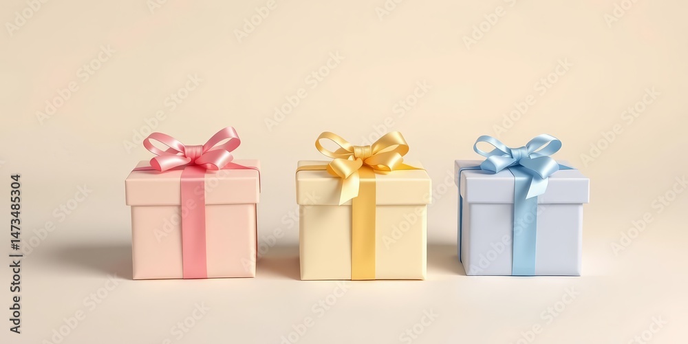 Obraz premium Three pastel gift boxes with bows, neatly arranged on plain background, handmade, product
