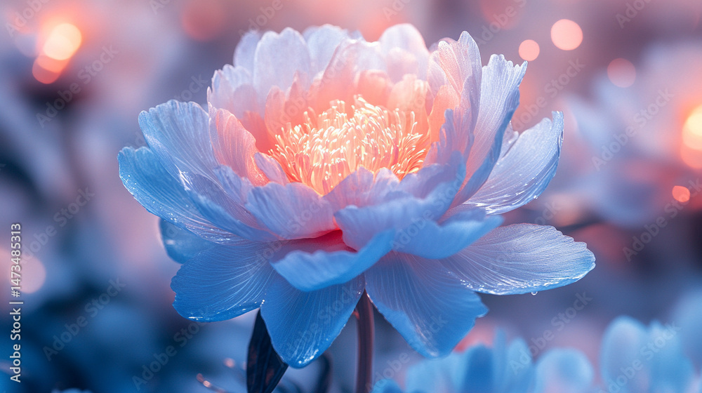 Glowing light baby blue peony flowers illuminated with ethereal spectrum light effects. Symbolizes beauty, purity, and serenity in a dreamy, artistic floral composition with soft glowing hues.
