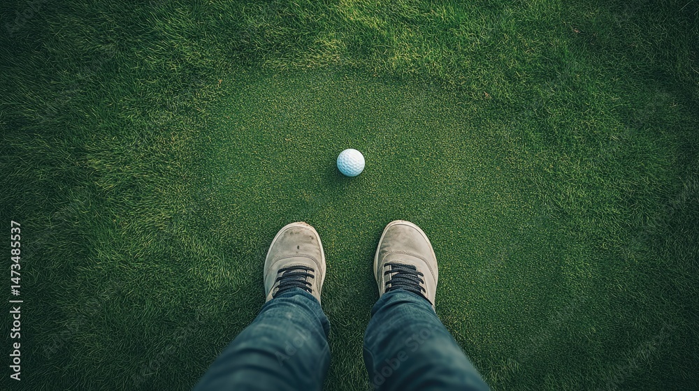 An aerial view of a golfer preparing to putt on a green.