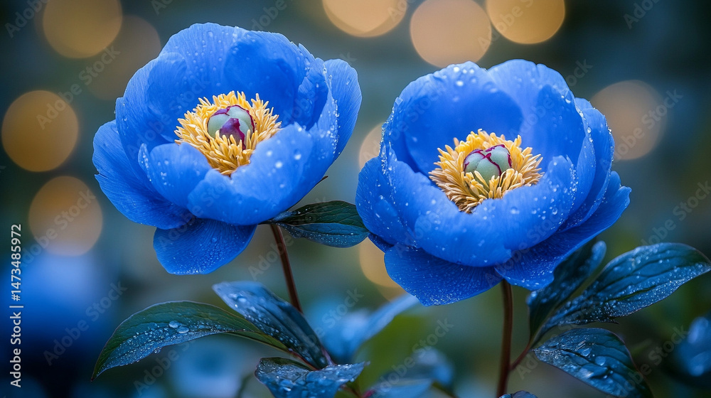 Glowing light baby blue peony flowers illuminated with ethereal spectrum light effects. Symbolizes beauty, purity, and serenity in a dreamy, artistic floral composition with soft glowing hues.
