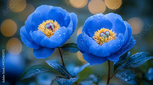 Obraz na płótnie Glowing light baby blue peony flowers illuminated with ethereal spectrum light effects. Symbolizes beauty, purity, and serenity in a dreamy, artistic floral composition with soft glowing hues.
w salonie
